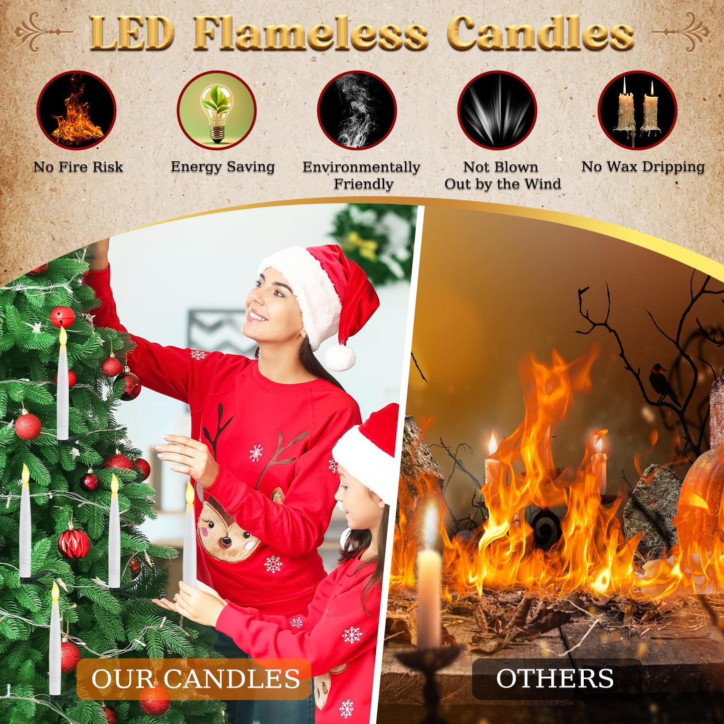 Halloween Decorations - Floating Candles with Wand & 6-Hour Timer - Flameless LED Hanging Candles with Clip, Battery Operated Window Taper Candle