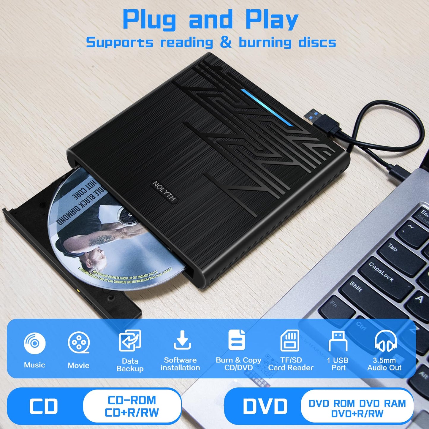 NOLYTH External DVD Drive for Mac, USB CD ROM Burner External Drive for Laptop with 3.5mm Audio SD TF Slot, Portable Optical Disk Drive DVD Player
