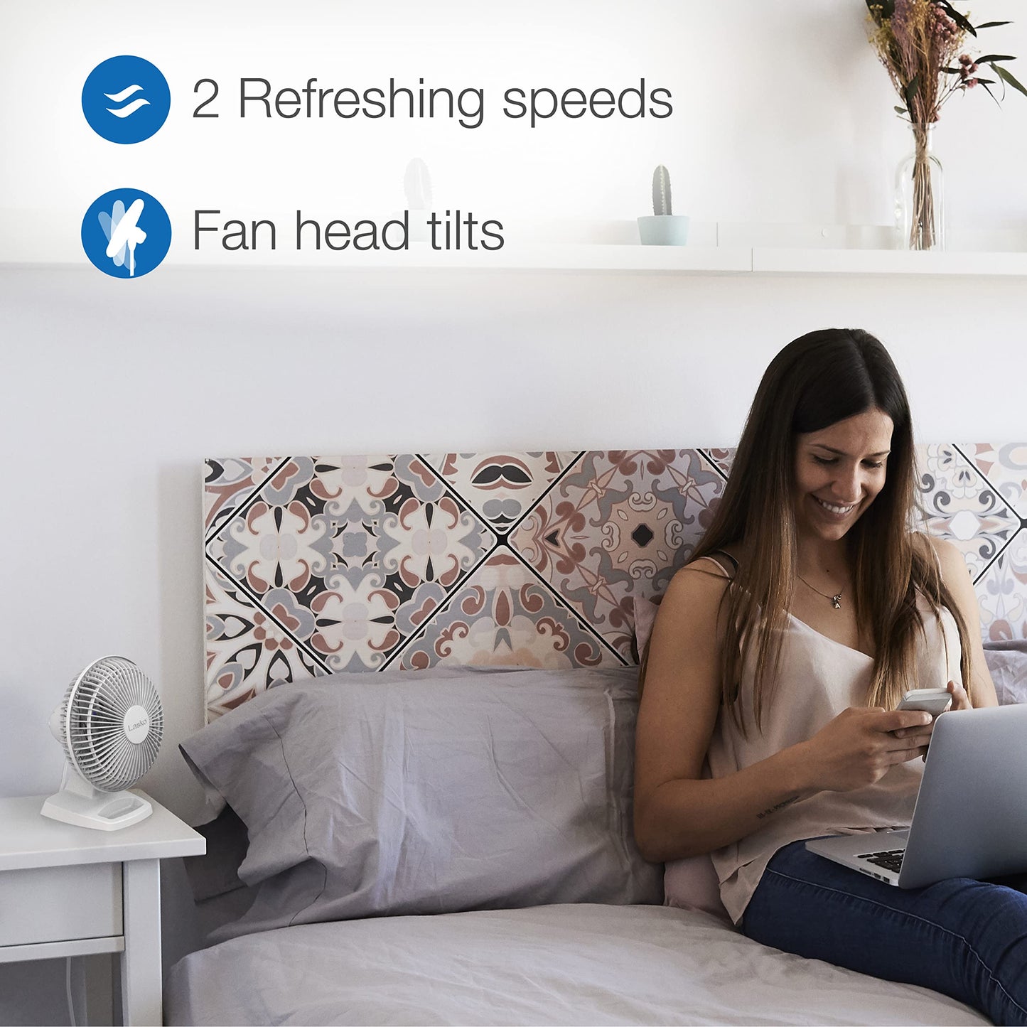Lasko Personal Table Fan with Storage Tray, 2 Quiet Speeds, Tilt-Back Fan Head for Home Office, Bedroom, 6", White, 2002W