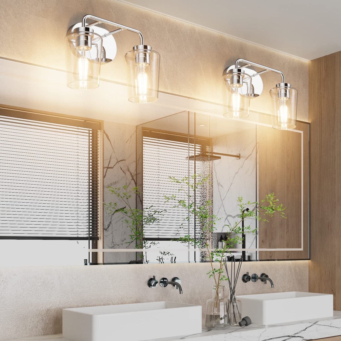 Tipace Chrome Vintage Bathroom Vanity Light,2 Lights Modern Stainless Steel with Clear Glass Bathroom Light Fixtures Industrial Wall Mount Lighting