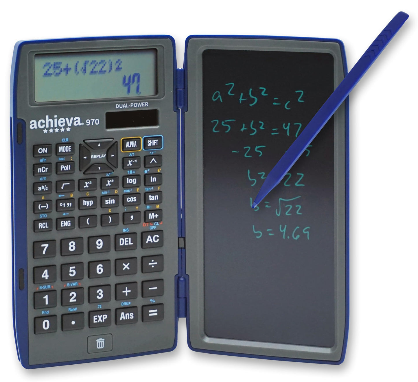 Achieva Scientific Calculator with Erasable LCD Writing Tablet | 2-Line Display | Dual Solar & Battery Power | for Students in Middle School, High