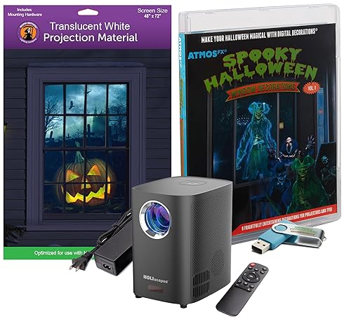 Reaper Brothers Spooky Halloween Digital Decoration Kit Includes 9 AtmosFX Video Effects for Halloween Plus HD Super Bright Projector and 48” x 72”