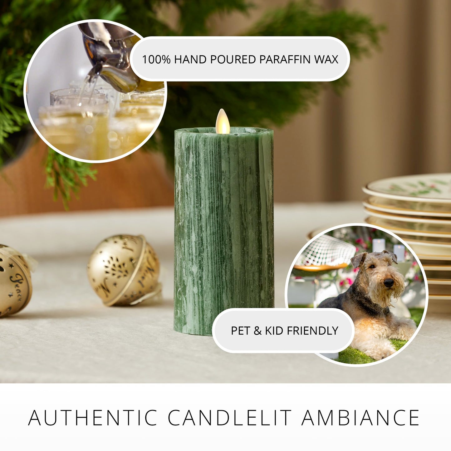 Luminara Selenite Looking Flameless Candle, Holiday Green 3" x 6.5", Battery Operated Real Wax Moving Flame LED Pillar w/Timer, Home Decor Unscented