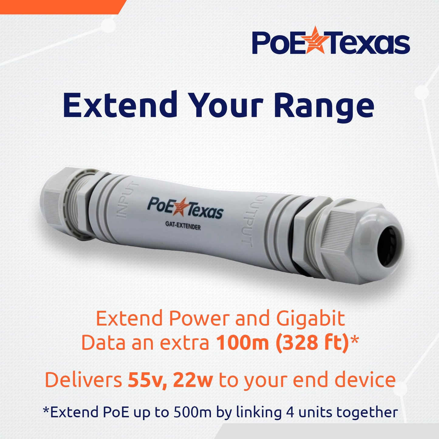 PoE Texas Outdoor PoE Repeater - Plug & Play IP67 Waterproof Extender Expands 22 Watts of Power & Gigabit Data up to 330' to High Powered Devices