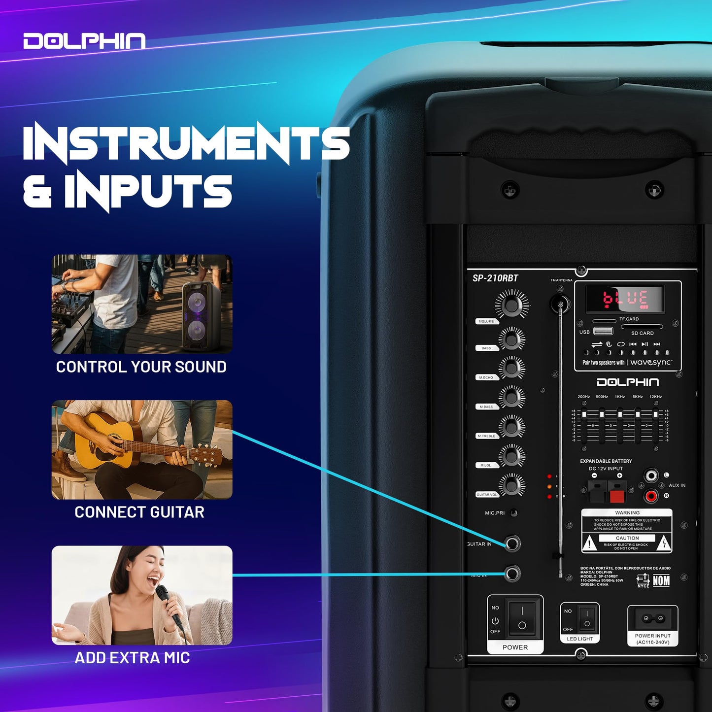 Dolphin Dual 10" Bluetooth Party Speaker - 1000W Big Speaker with 2 Wireless Microphones, Powerful Bass, Multicolor LED Lights, Tailgate Ready