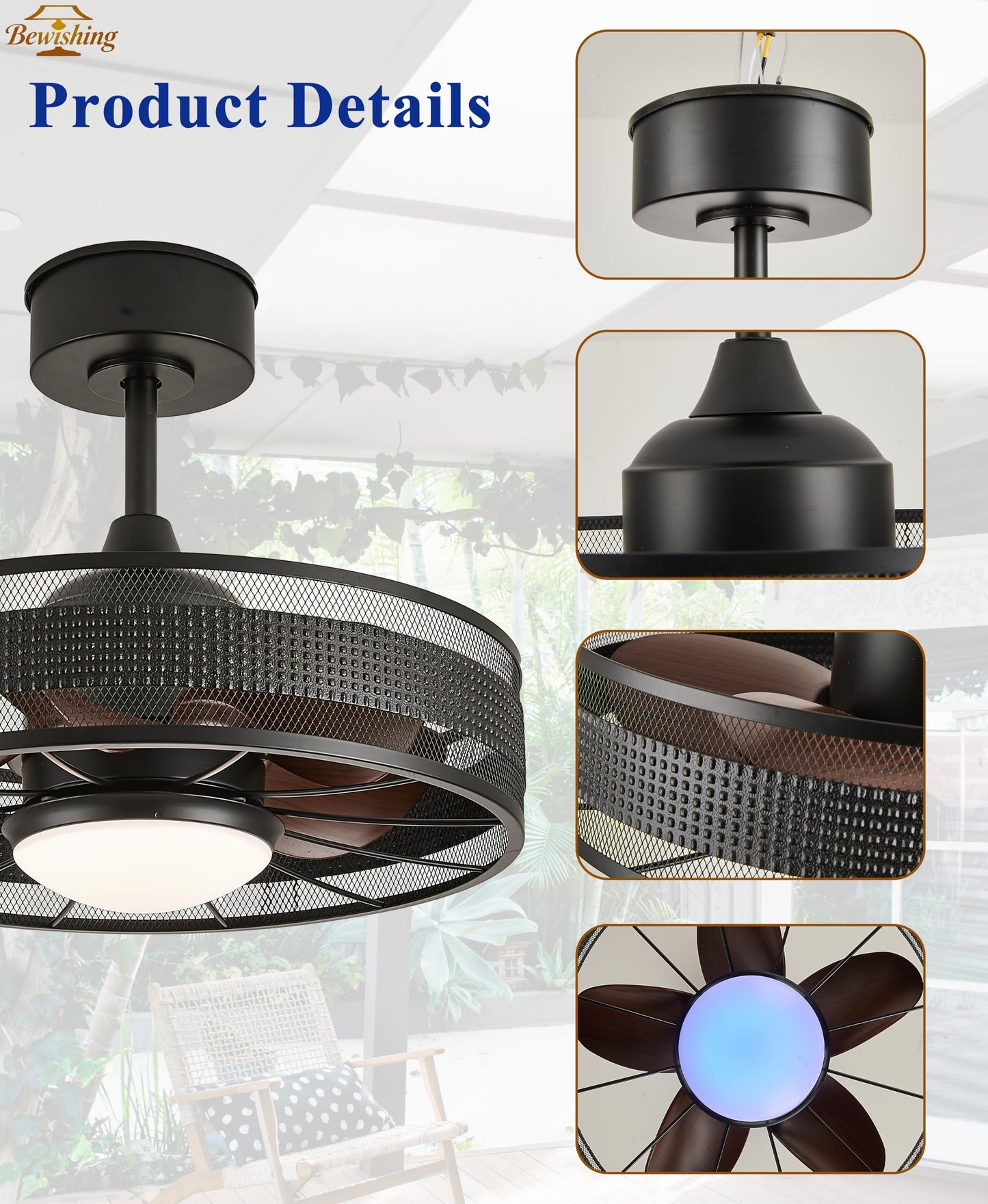 Bewishing 20" Outdoor Indoor Ceiling Fan with Light, IP44 Waterproof Fandelier, RGB & 3 CCT, Smart APP Remote, 6-Speed DC Motor, Cage Design