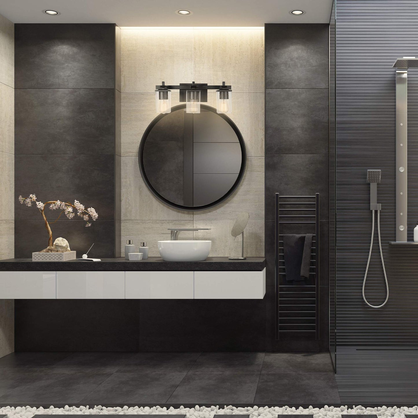 Globe Electric 51634 Dakota 5-Piece All-in-One Bathroom Set 3 Vanity Light with Seeded Glass Shades, Bar, Toilet Paper Holder, Towel Ring, Robe Hook