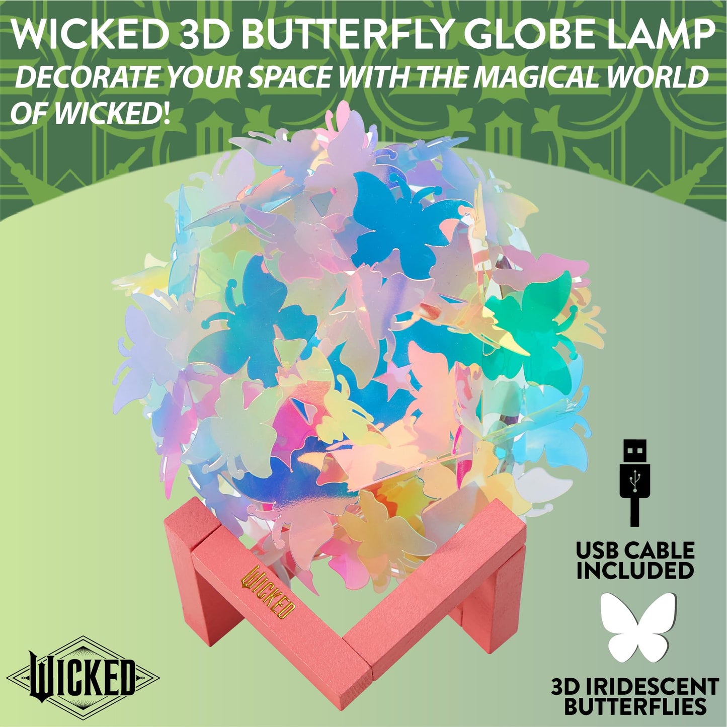 Wicked the Movie 3D Iridescent Butterfly Accent Lamp and Tabletop Night Light with Wood Base