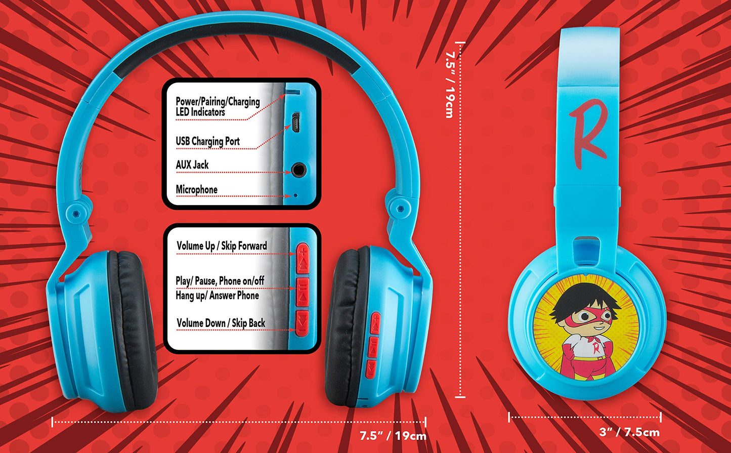 eKids Ryans World Kids Bluetooth Head Phones, Wireless Headphones with Microphone Includes Aux Cord, Volume Reduced Kids Foldable Headphones