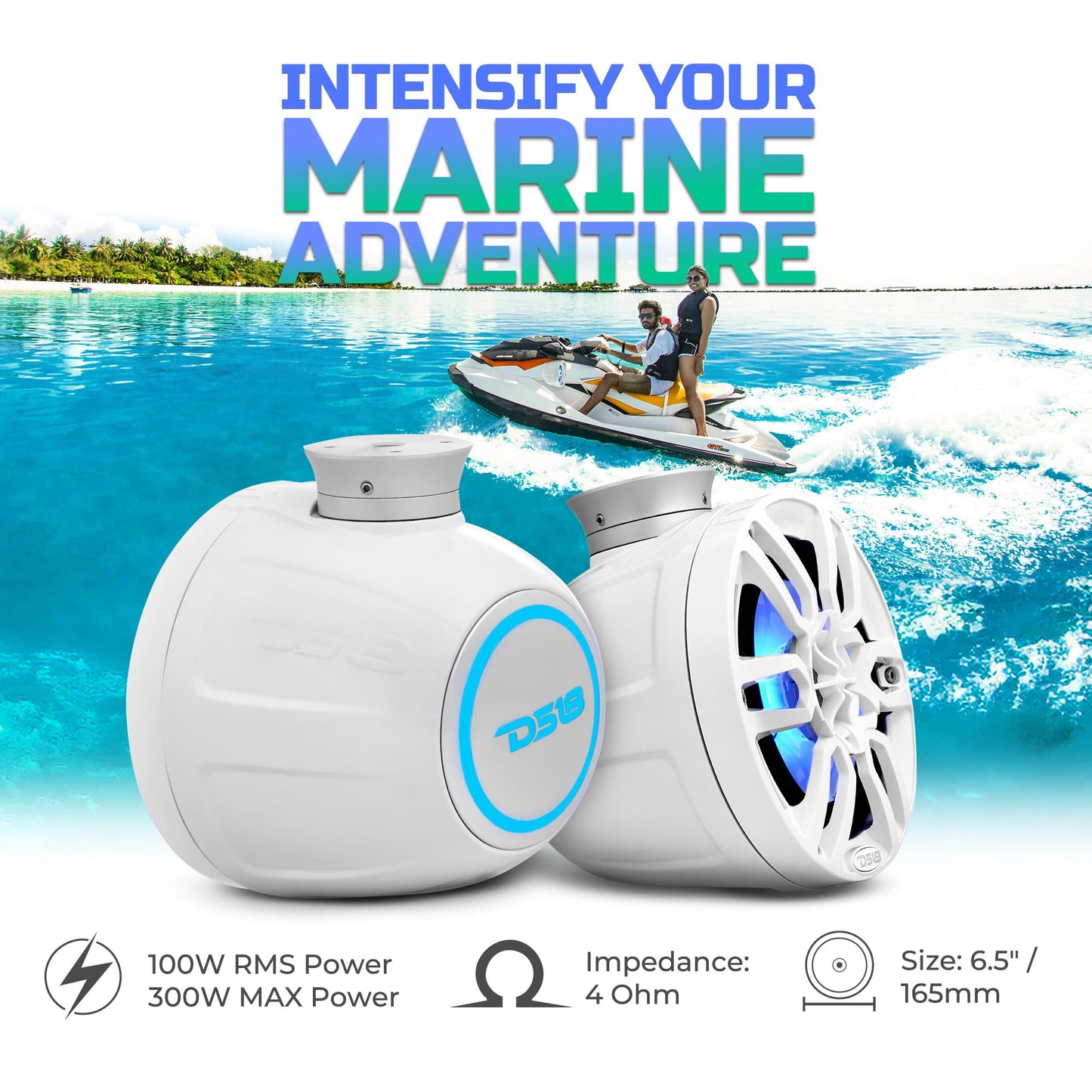 DS18 NXL-PS6R 2-Way Wakeboard Tower Speakers with Integrated RGB Lights - 300 MAX - Perfect for Jet Skies, Ideal for ATV, UTV, Jeep, Side by Side