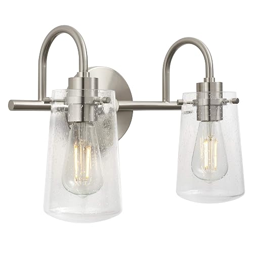 Linea di Liara Avezzana 2 Light Bathroom Vanity Light Brushed Nickel Bathroom Light Fixtures with Clear Glass Shade Modern Vanity Lights for Bathroom
