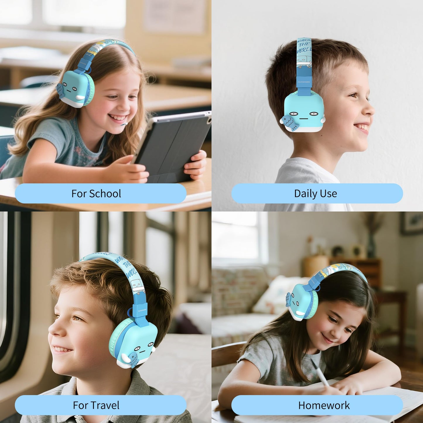 YLFASHION Kids Bluetooth Headphones, 85dB Volume Limit, Ultra-Soft Over-Ear, Built-in Mic, Foldable,Cartoon Animal Design, Suitable for School…
