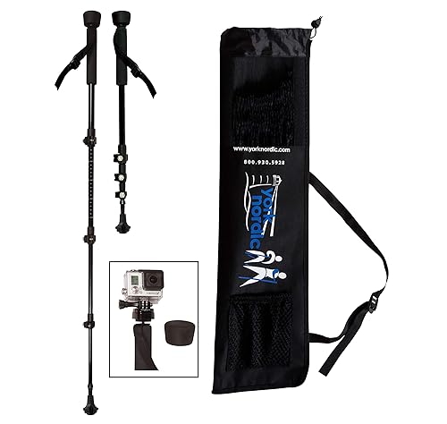York Nordic PRO Collapsible 4 Piece Trekking/Walking Poles - Pair of monopod Poles w/3 flip Locks, Detachable Rubber feet, and GoPro Camera Mount