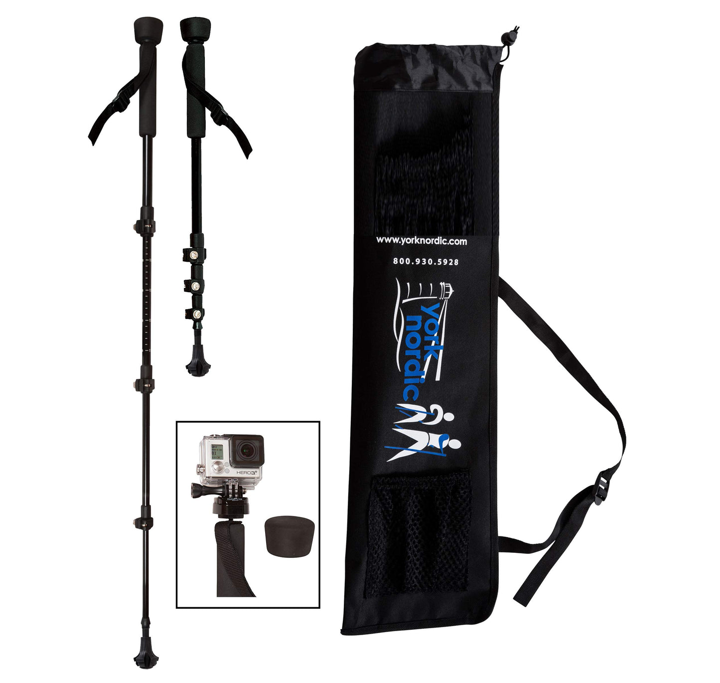 York Nordic PRO Collapsible 4 Piece Trekking/Walking Poles - Pair of monopod Poles w/3 flip Locks, Detachable Rubber feet, and GoPro Camera Mount