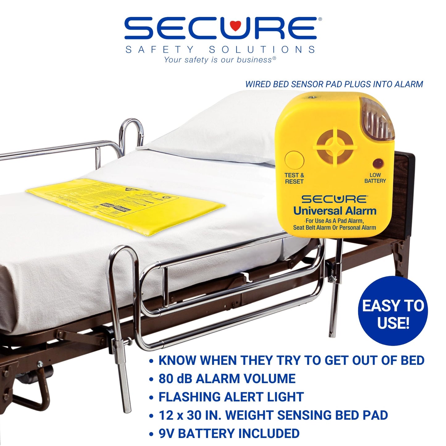 Secure Safety Solutions Universal Alarm Monitor for Elderly Fall Prevention - for Secure Bed, Chair & Wheelchair Seat Belt Sensors (Not Included)