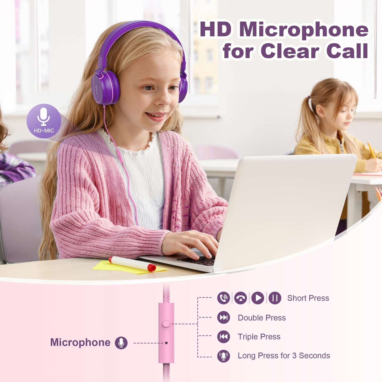 AILIHEN Kids Headphones for School, Safe Volume Limited 93dB, On-Ear HD Mic Stereo Sound Girls Boys Wired Headphones for Kid, Foldable Headset…