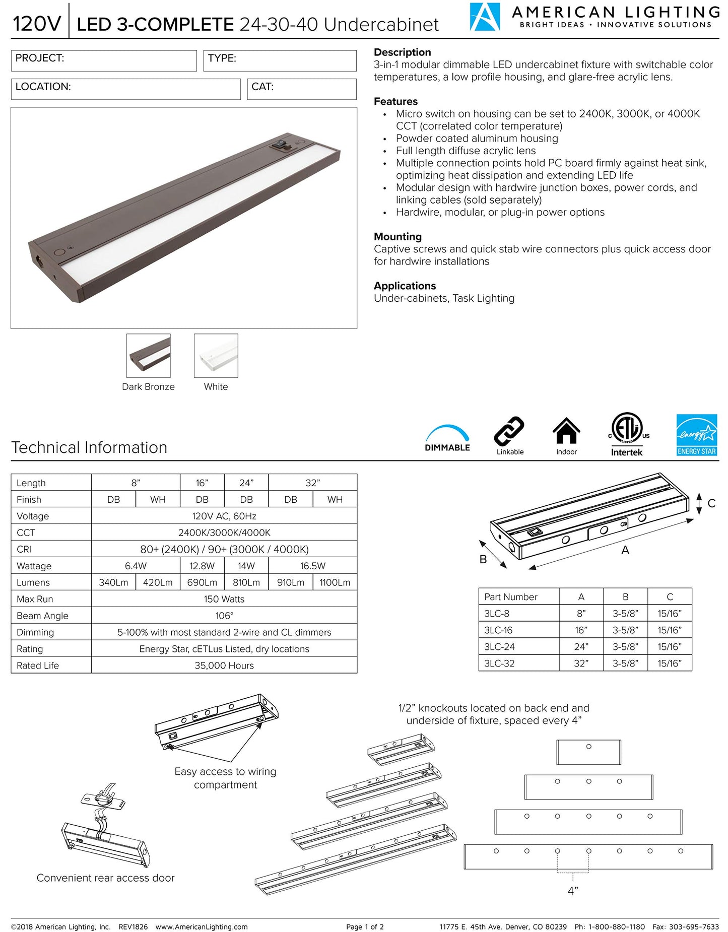 American Lighting 3LC-32-DB LED 3-Complete Dimmable Under Cabinet Fixture, Switchable Color Temperatures, 32-inch, Dark Bronze
