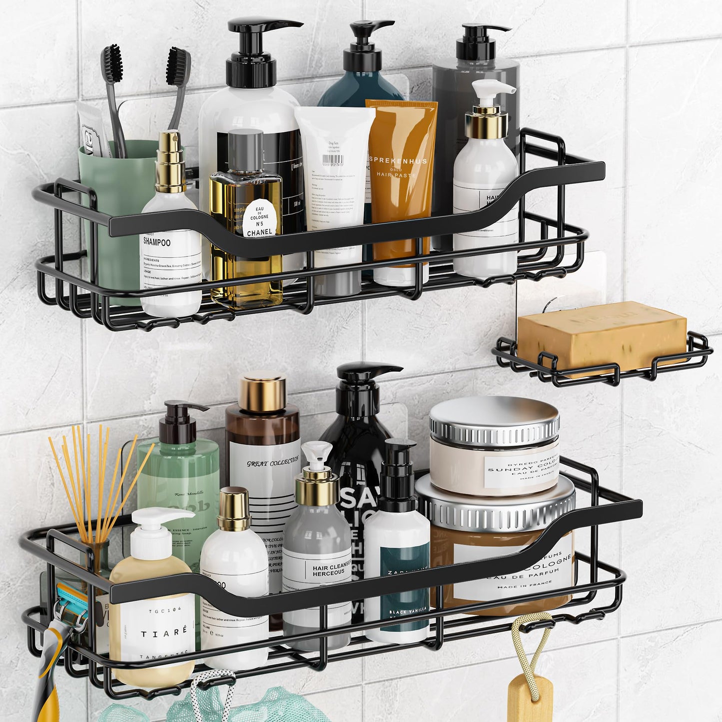 OMAIRA 3-Pack Shower Caddy Set – No-Drill Adhesive Bathroom Organizer with Soap Holder, Rustproof Storage Rack – Black, Large