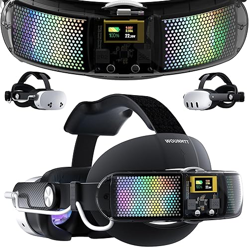 WOUNMTT Head Strap with 10000mAh Battery for Meta Quest 3/3S - Transparent RGB Lighting, Smart Power Display & Carbon Fiber Finish, Adjustable VR
