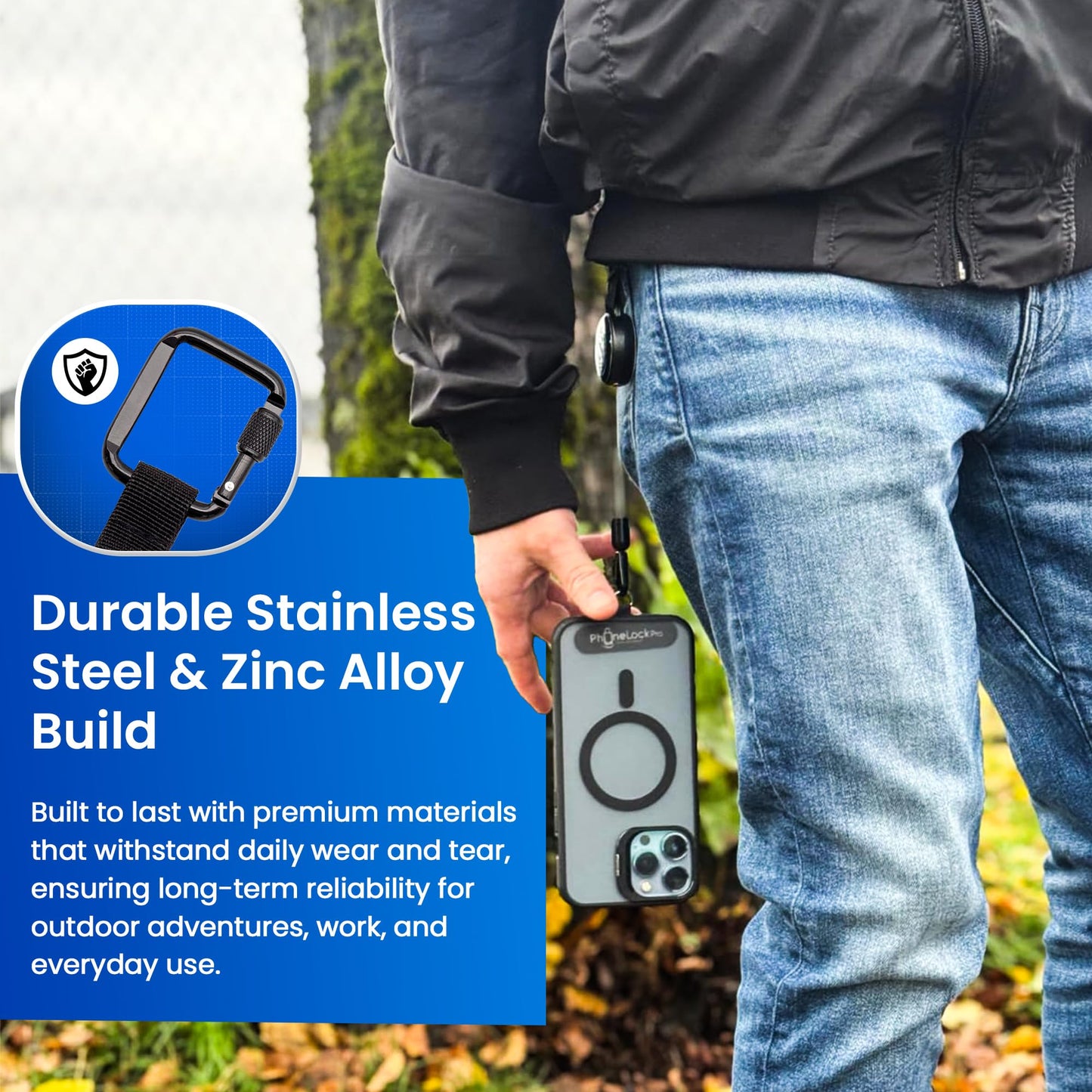 PhoneLockPro - Retractable Anti-Theft Phone Holder with Belt Clip Durable Stainless Steel and Zinc Alloy Perfect for Travel, Hiking, Work, and Daily