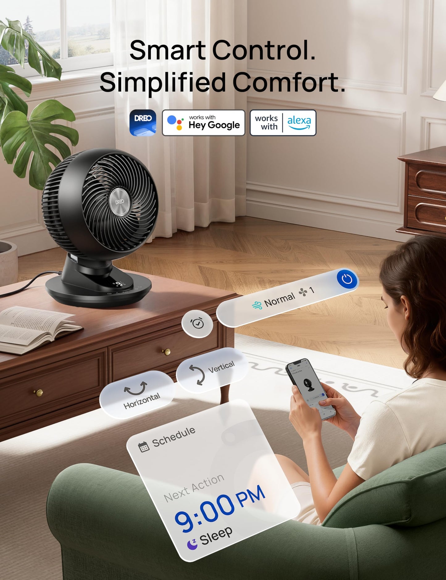 DREO Smart Fan for Bedroom, Powerful 85 ft Airflow, 12 Inches, Desk Fans in 20dB Quiet, 90°+90° oscillating fans, App/Voice Control, 9 Speeds & 8/12H