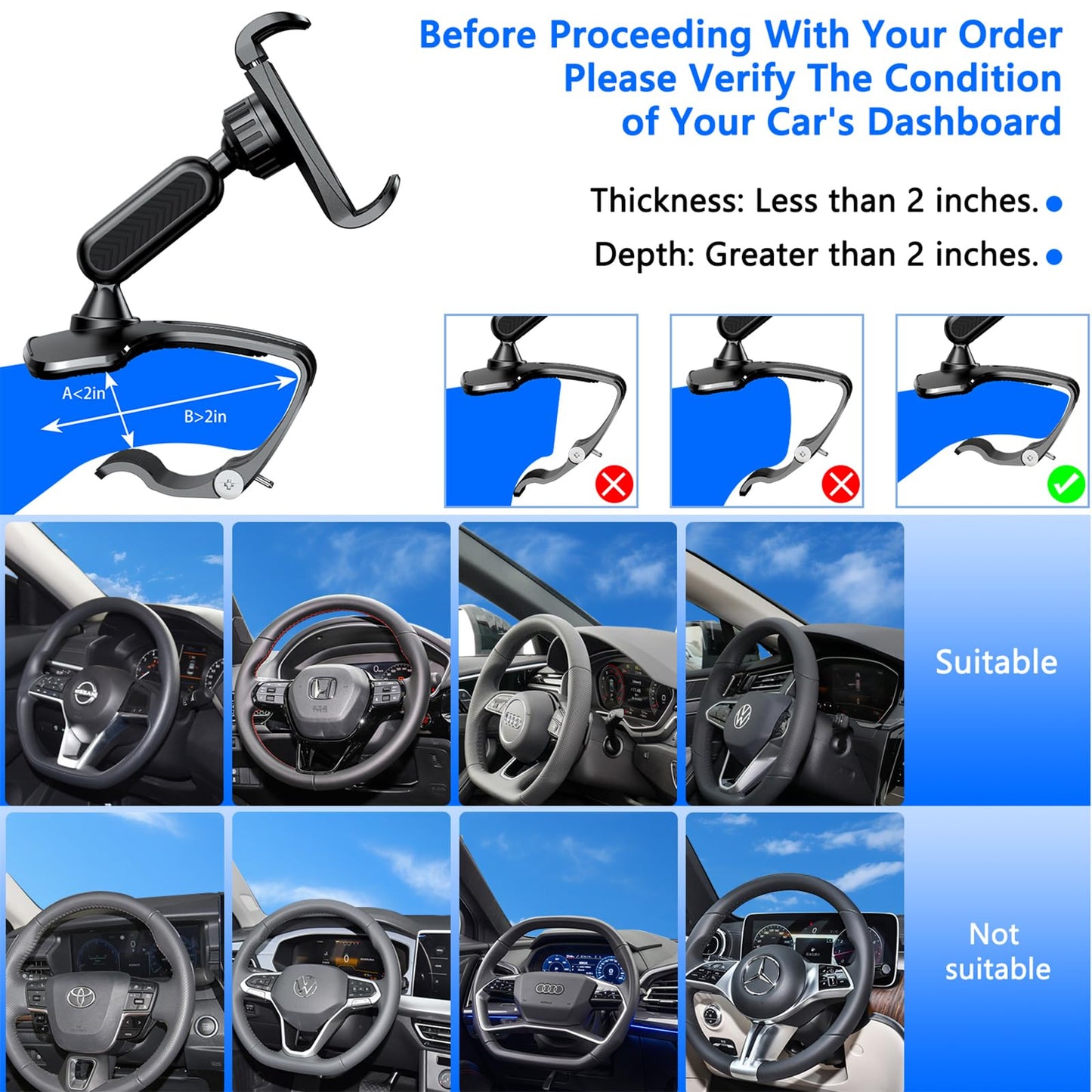 RIEMKSL Car Dashboard Phone Clip Holder, 360° Rotating Dash Steering Wheel Cell Phone Clamp Mount Stand Compatible with 4-7 Inch Smartphones (Black)