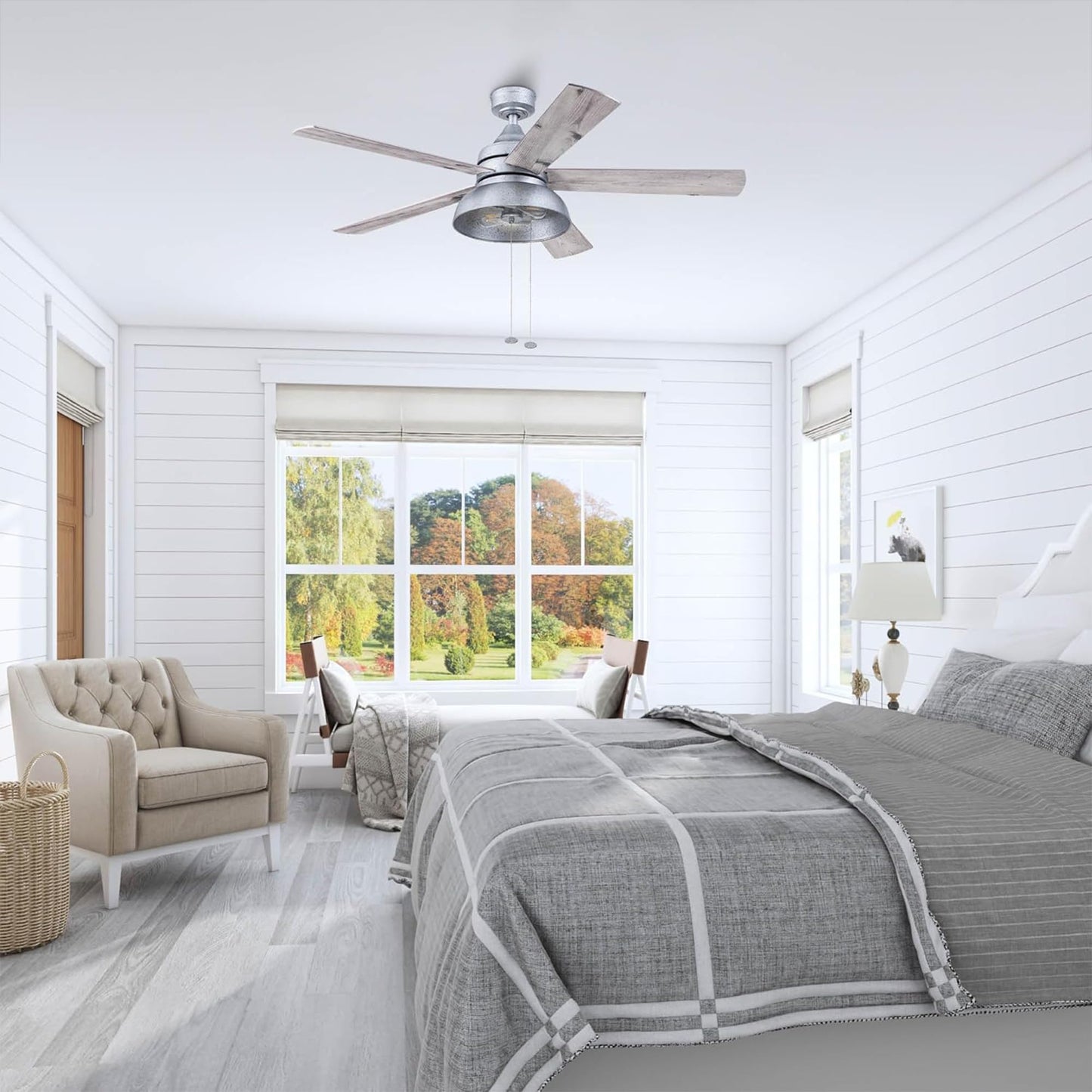 Prominence Home Brightondale 52 Inch Industrial Indoor/Outdoor Ceiling Fan with Light, Pull Chain Control, 5 Dual Finish Blades, Galvanized