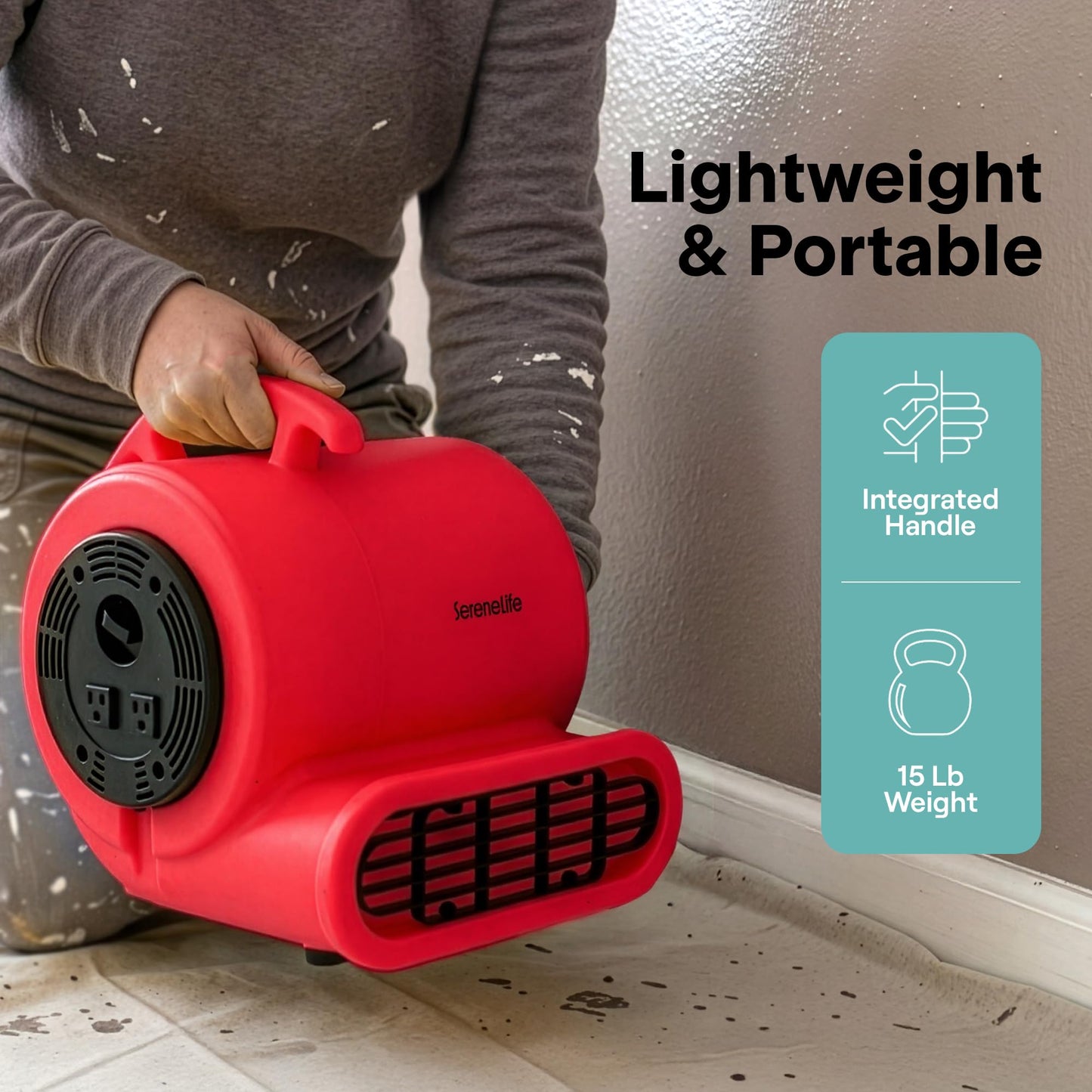 SereneLife Air Mover Blower Fan 2500 CFM - Powerful High Performance 3-Speed Fan for Floor & Carpet Drying, Portable Floor Fan w/Adjustable Tilt, Plug