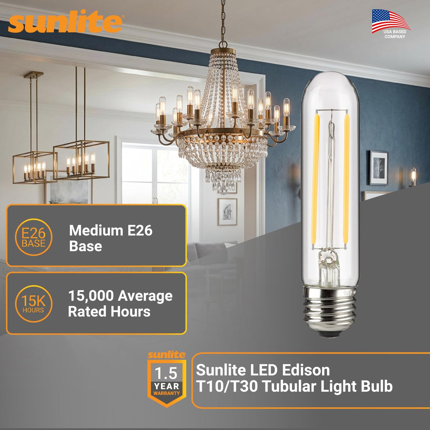 Sunlite LED Filament T10 Tubular Light Bulb, 2 Watts (25W Equivalent), 160 Lumens, Medium E26 Base, 120 Volts, Dimmable, 90 CRI, UL Listed, Clear