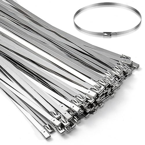 100PCS 11.8Inch Metal Cable Zip Ties - 304 stainless steel Heavy Duty Self-locking Cable Wire Tie Wrap for Fence Exhaust Wrapping Car Outdoor Canopy