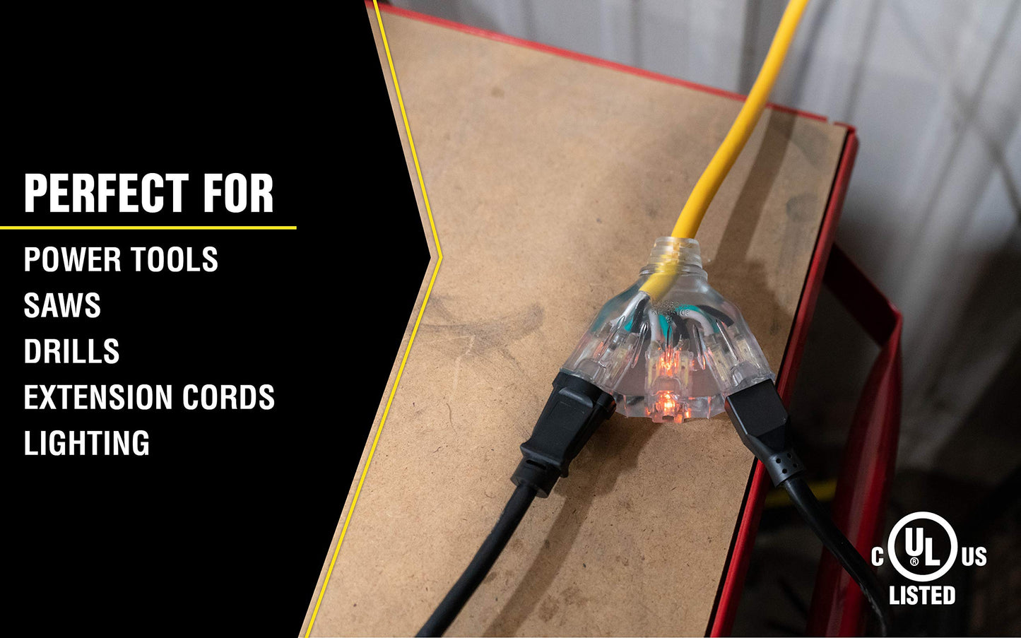 Southwire Coleman Power Block with GFCI - 125 V - 15 A - 12/3 AWG SJTW Cord - 3-Outlet Yellow - Right Angle GFCI Block - LED Power Indicator