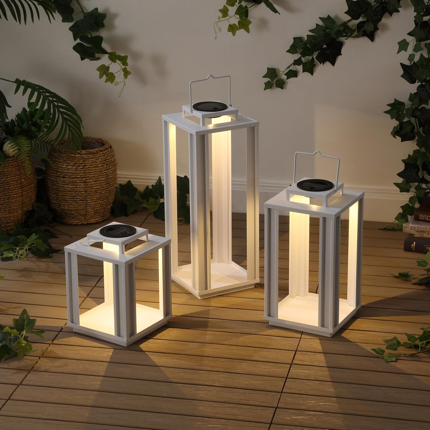 JONATHAN Y 19.5" White Modern Industrial Outdoor LED Solar Powered Lanterns Set of 3, Decorative Metal Frame Cordless Lighting for Garden Pathway