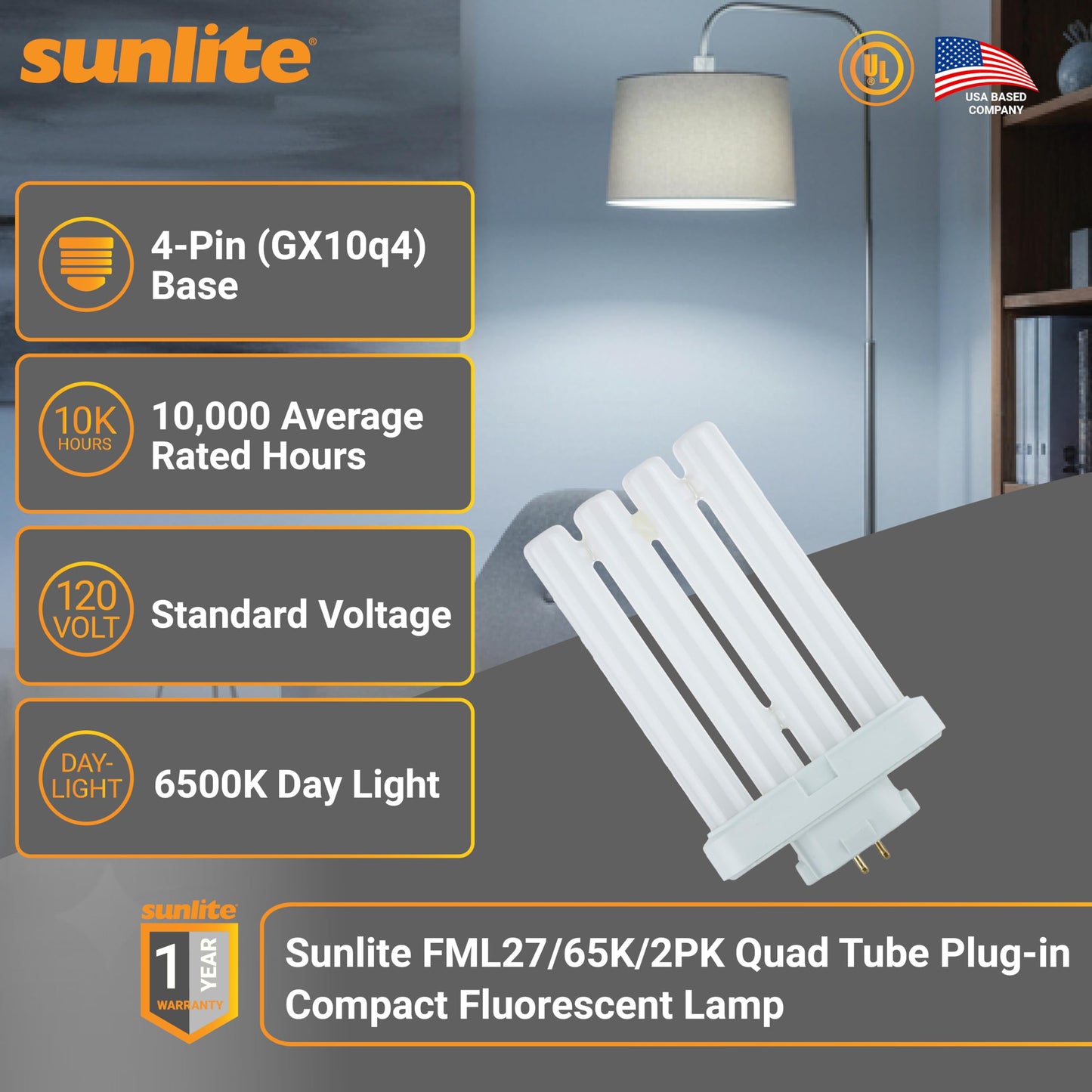 Sunlite FML27/65K Quad Tube Plug-in Compact Fluorescent Lamp, FML 4-Pin, 27 Watts, 1500 Lumens, 6500K Daylight, 4-Pin (GX10q4) Base, 120 Volts, 1 Pack