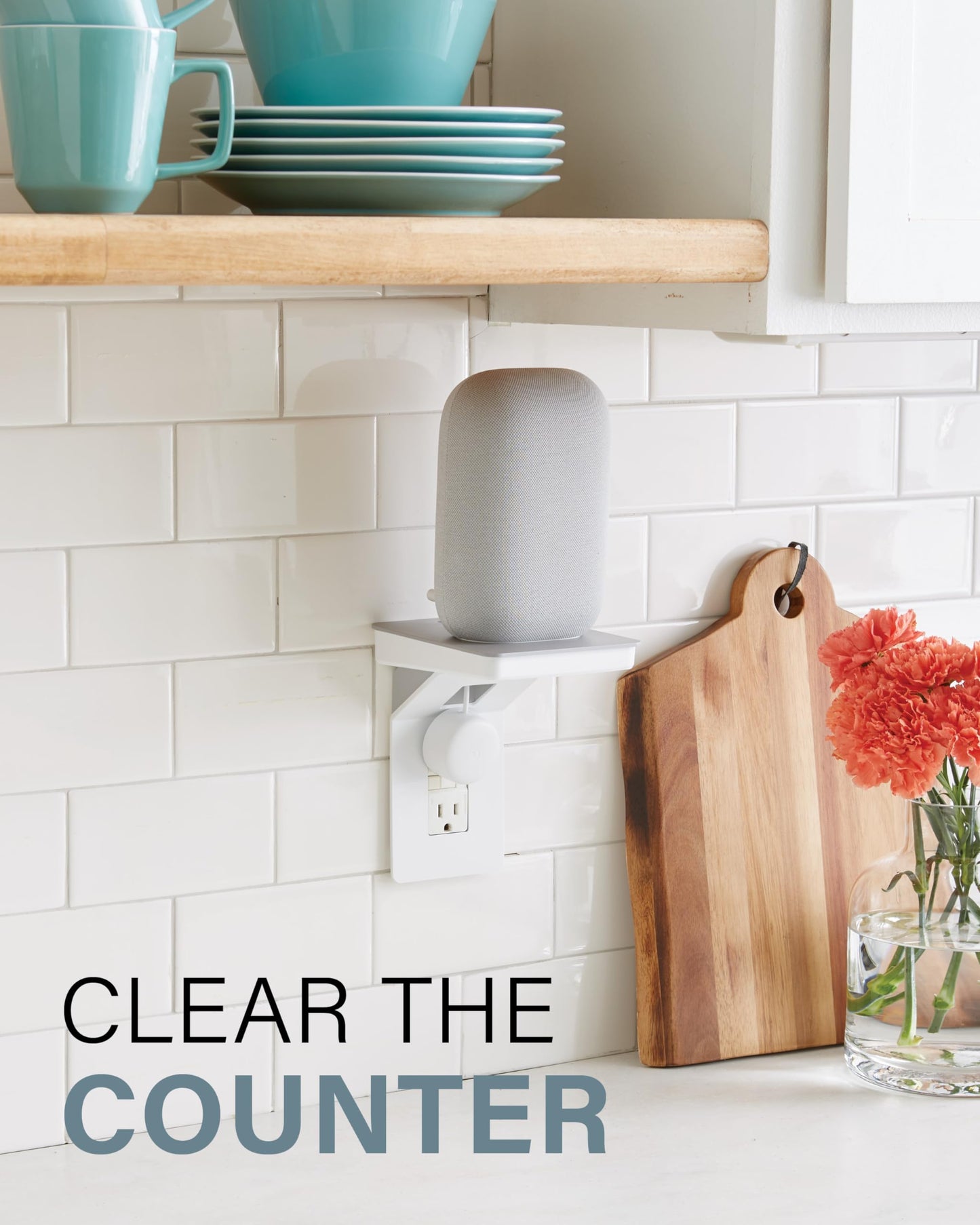 Sanus Made for Google Small Device Outlet Shelf in White & Fog Grey - Holds Small Electronics Up to 8lbs w/Built-in Cord Storage - Includes Both