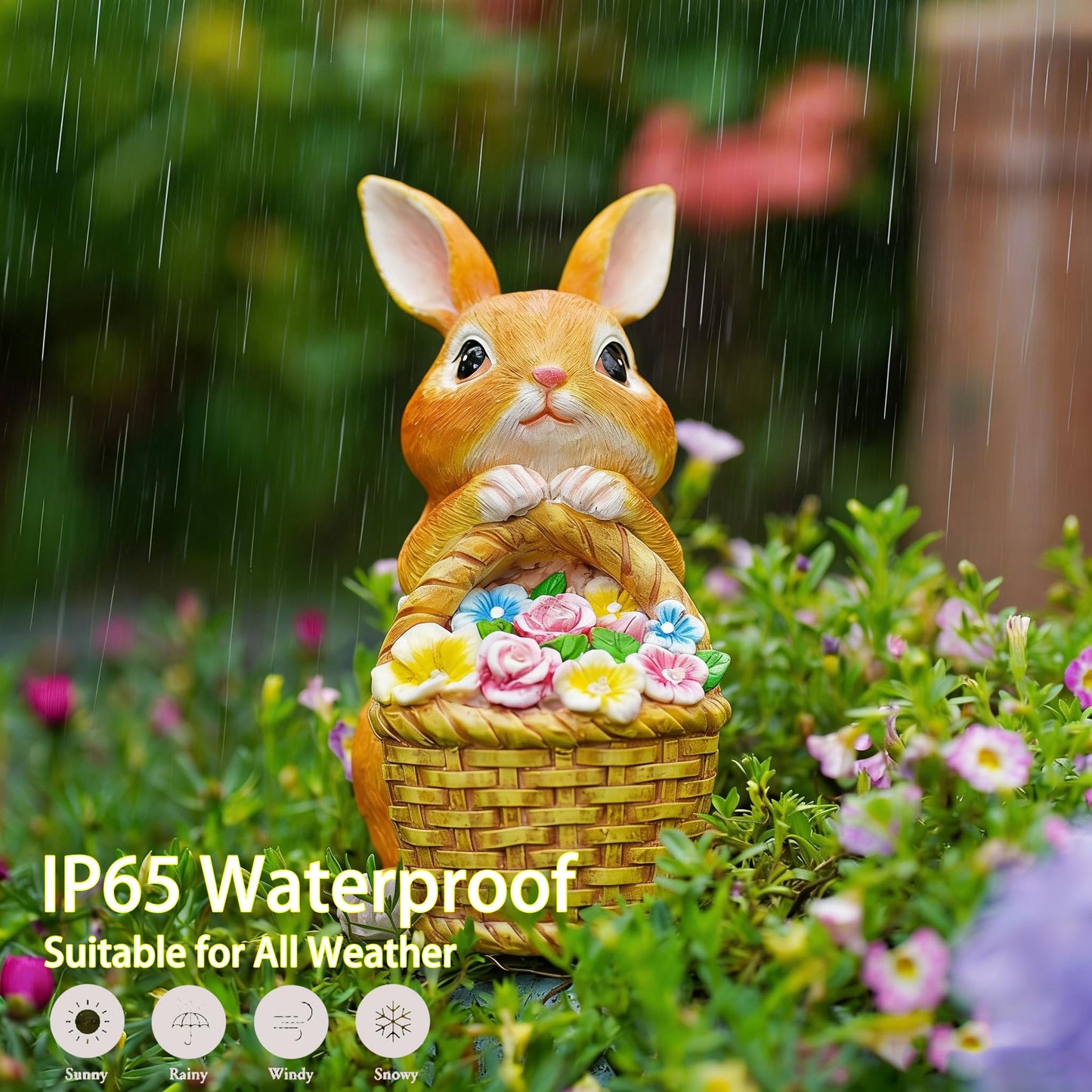 Yuntrav Solar Bunny Statue, 6x4.7x8.5 Inch Waterproof Resin Garden Figurine, Solar Warm LED Light Auto On Off Outdoor Rabbit Ornament for Patio