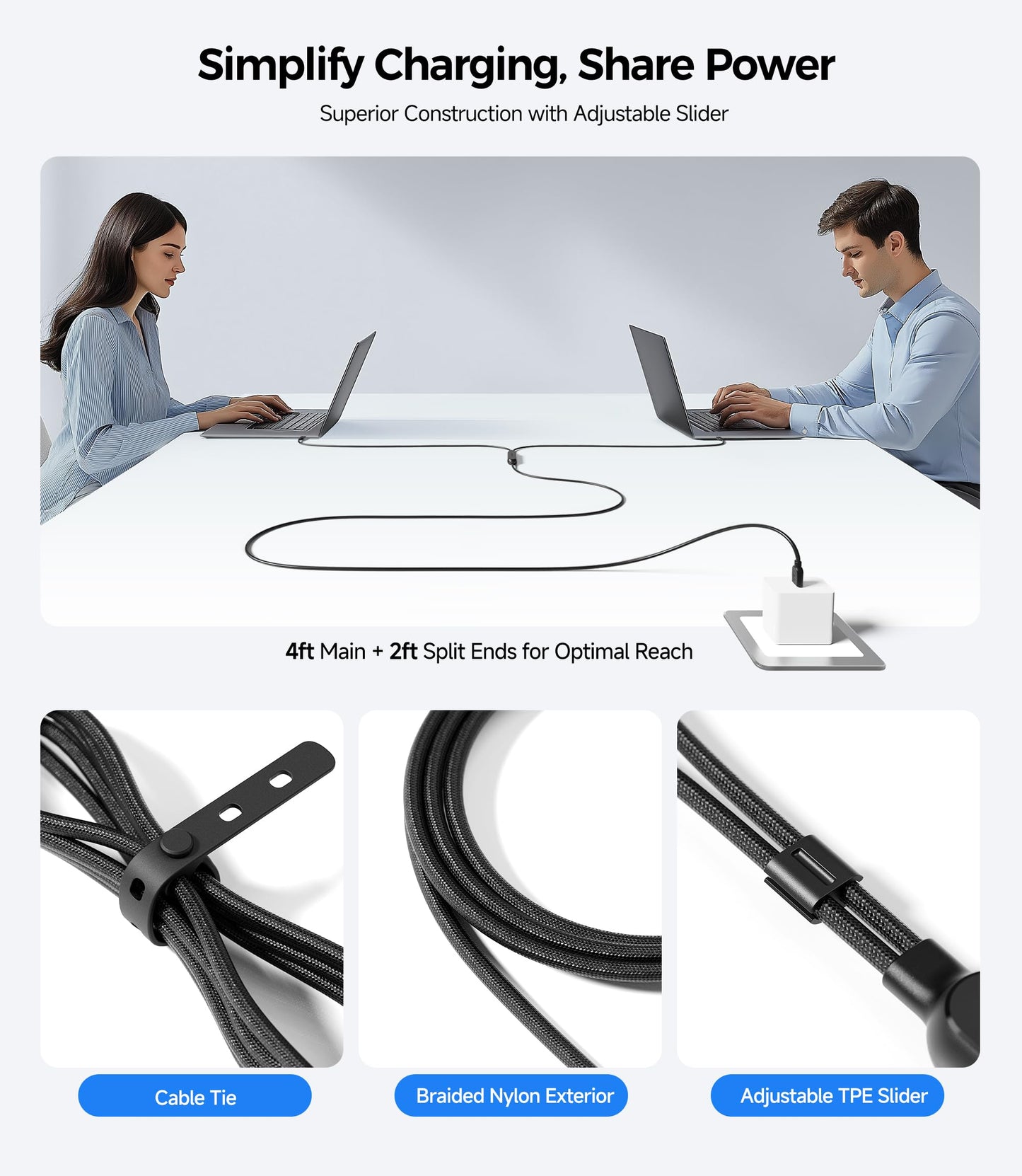 Cable Matters Braided 2-in-1 USB C to USB C Cable - 6ft, 140W Smart Power Allocation for Laptops and Phones, Supports Charging & Data Transfer, USBC