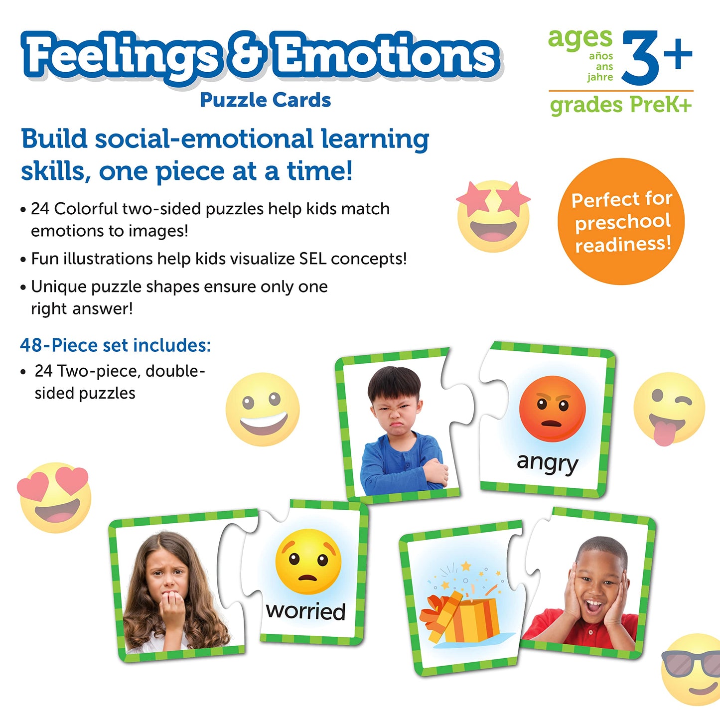 Learning Resources Feelings & Emotions Puzzle Cards – 48-Piece Social-Emotional Learning Toy for Kids Ages 3+, Speech Therapy & Social Skills Games