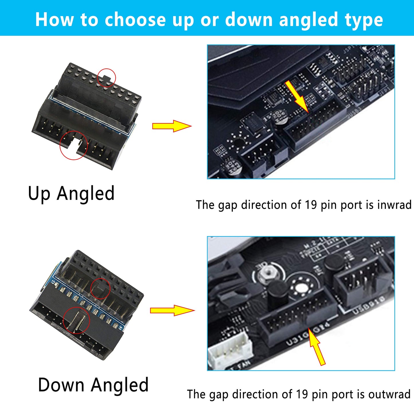 GELRHONR Right Angled USB 3.0 20-pin Male to Female Extension Adapter, Desktop Motherboard 90 Degree Angled USB 3.0 19-Pin Motherboard Internal