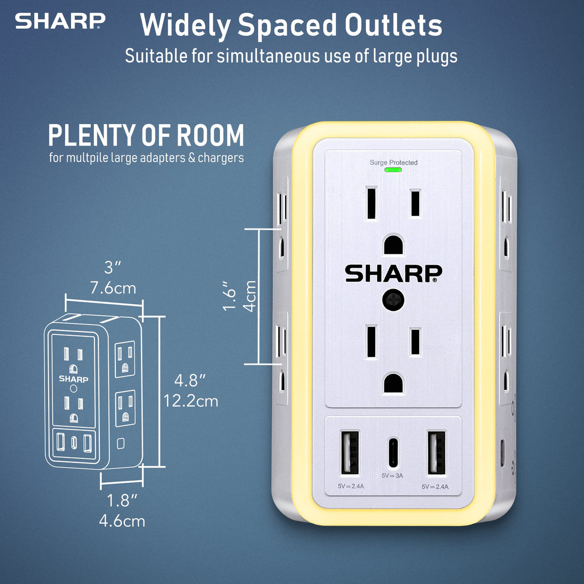 Sharp Wall Charger, Surge Protector, Outlet Extender With 6 Wide Spaced Outlets, Fast Charge, 2 USB-A and 1 Type-C, Smart AutoSense Nightlight, White
