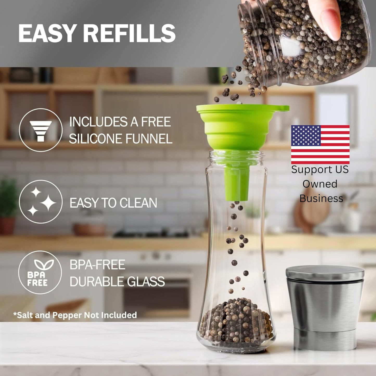 Home EC Premium Stainless Steel Salt & Pepper Grinder Set – Adjustable Ceramic, Tall Glass Shakers with Funnel & Recipe eBook