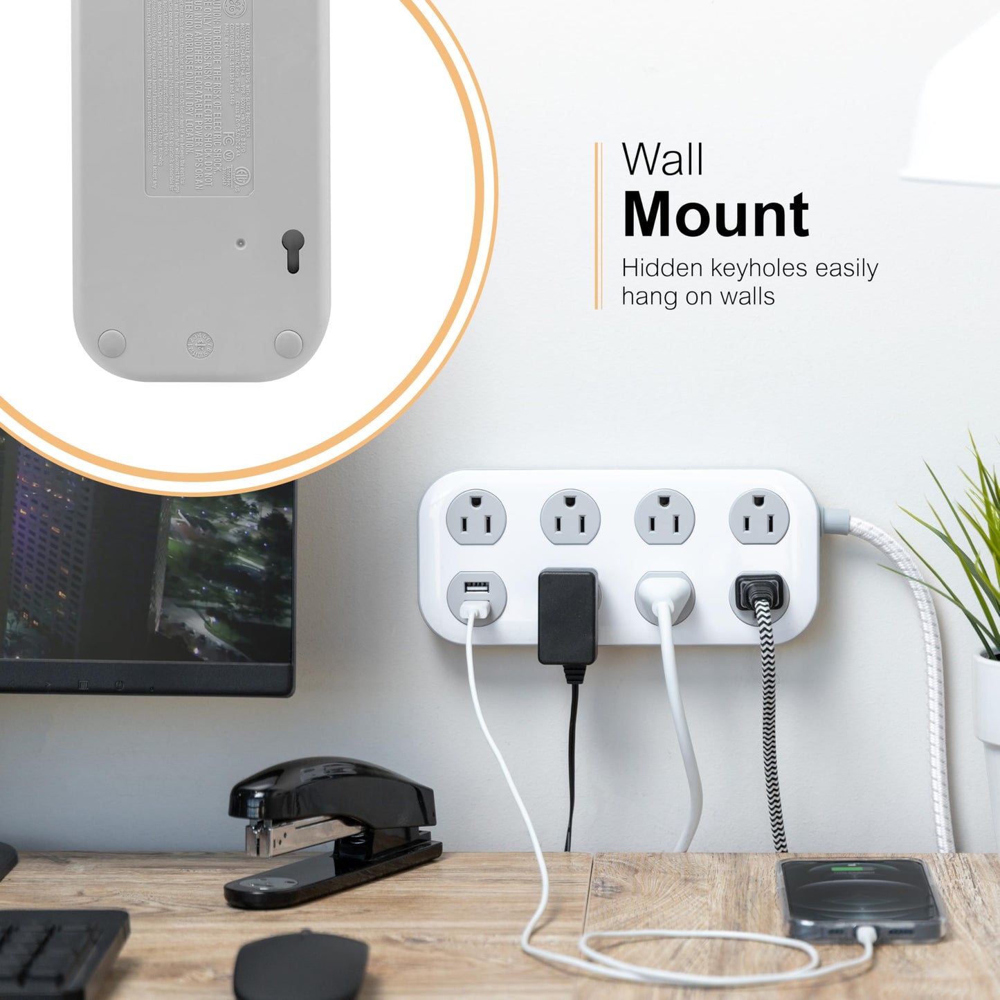 GE 7-Outlet Surge Protector Power Strip with USB, 2 USB-A, 4 Ft Braided Cord, Multi Plug Outlet Extender, Flat Plug, Charging Station, 2.4A, 1470