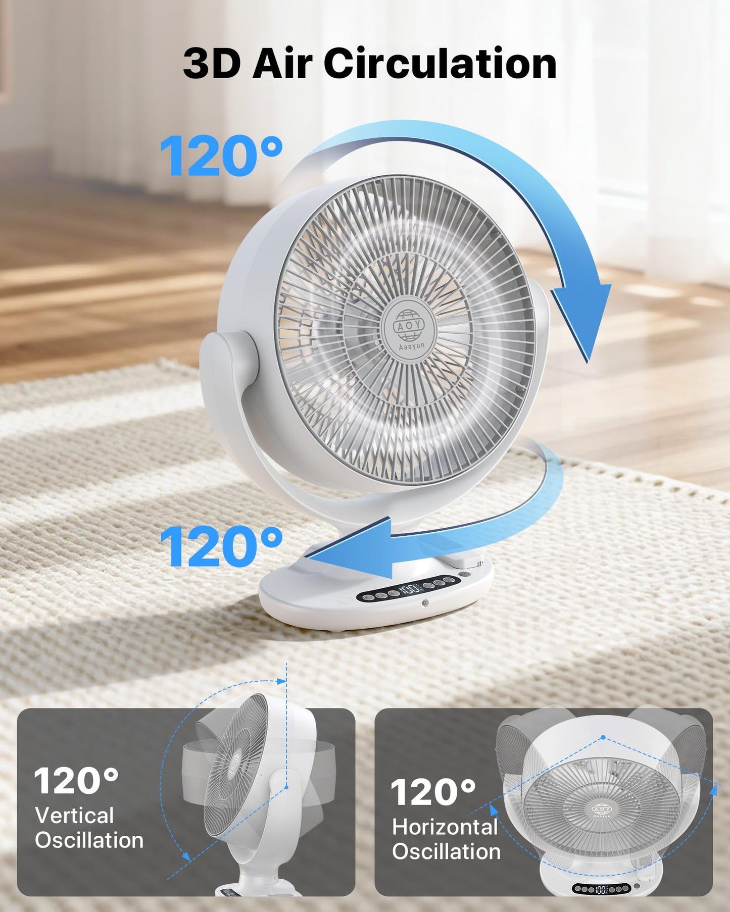 Aaoyun Wireless Desk Fan, 12000mAh Cordless Room Air Circulator with Remote, 3D Oscillating Standing Fan, 8 Speeds, 20dB Quiet Motor, Washable