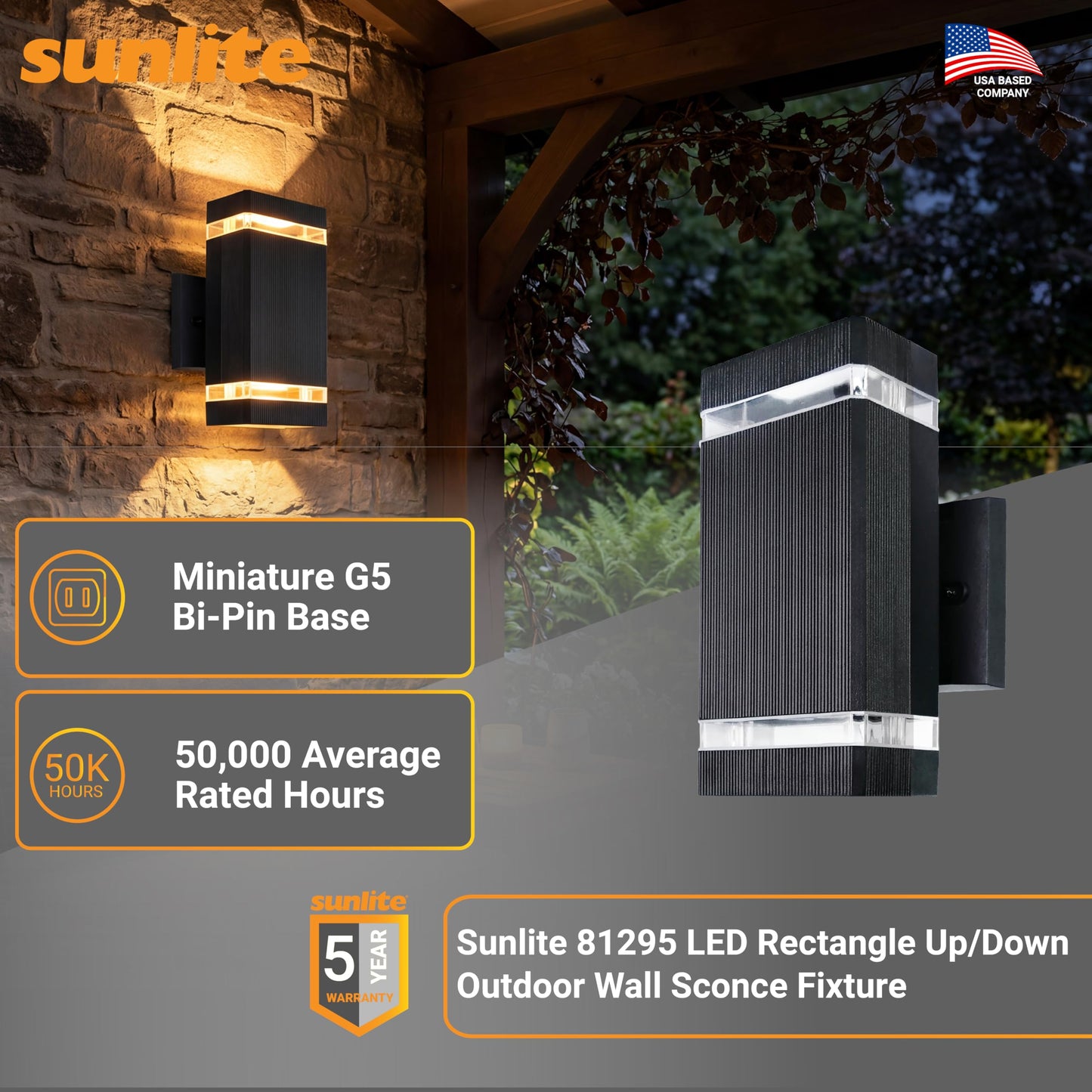 Sunlite LED Rectangle Up/Down Outdoor Wall Sconce Fixture, 12 Watts (120W=), Multi-Volt, 850 Lumens, Color Selectable 30K/40K/50K, 80 CRI, Dimmable