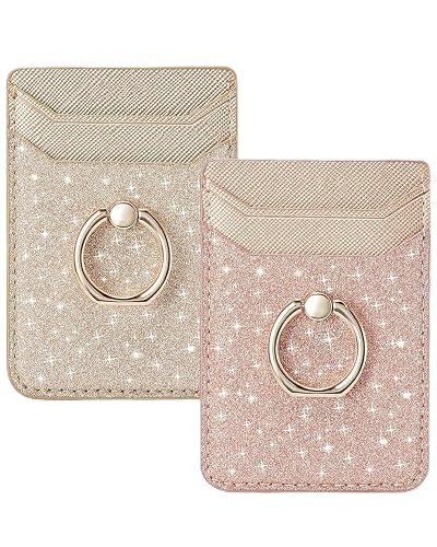 BIAJIYA Phone Card Holder Stick on Back of Phone Case, RFID-Blocking Sticky Phone Wallet with Ring Grip Stand, Glitter Adhesive Phone Card Wallet