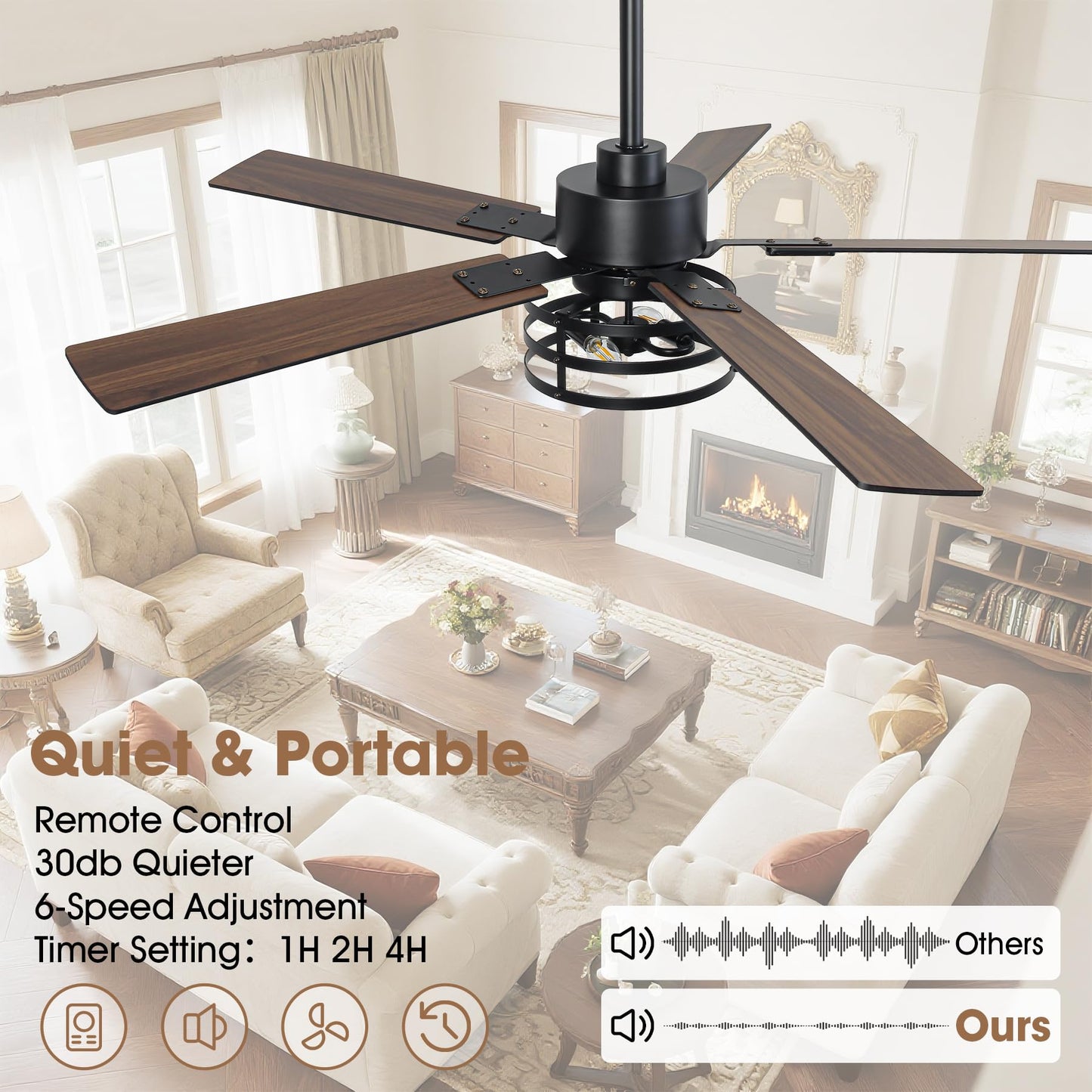 Vaczon 52" Farmhouse Ceiling Fan with Light, 6-Speed DC Motor