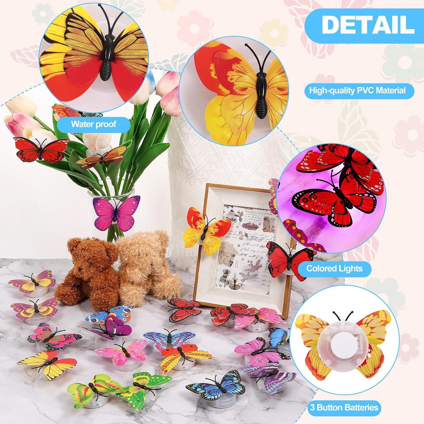 Blcculi 48 Pcs 3D LED Butterfly Decoration - Night Light Sticker Butterflies, Wall Light for Bedroom, Garden, Backyard, Lawn, Party