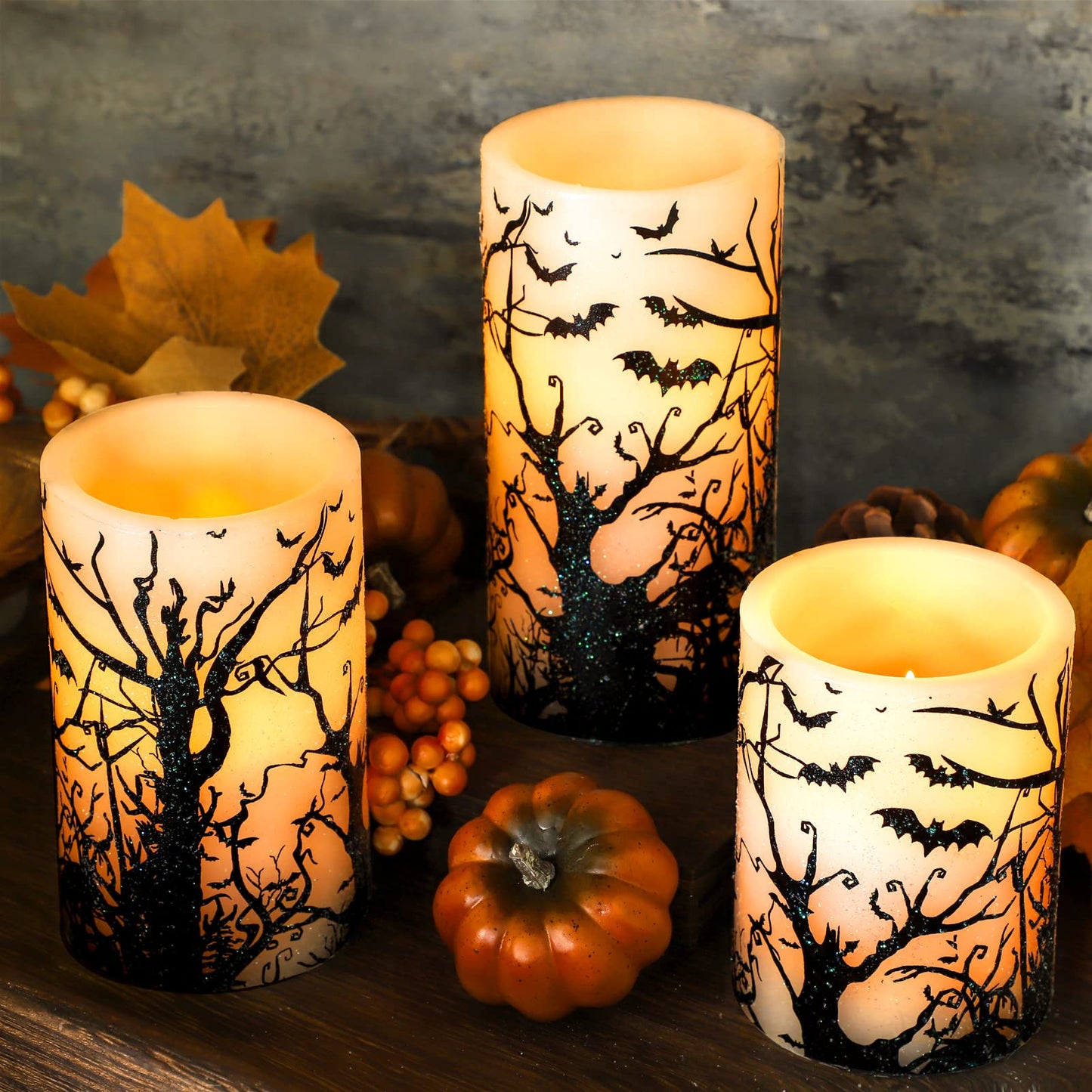 FLAVCHARM Halloween Decor Flameless Candles Set of 3 Black Spooky Bats Decal Flickering Battery Operated with Remote Real Wax LED Pillar Candles