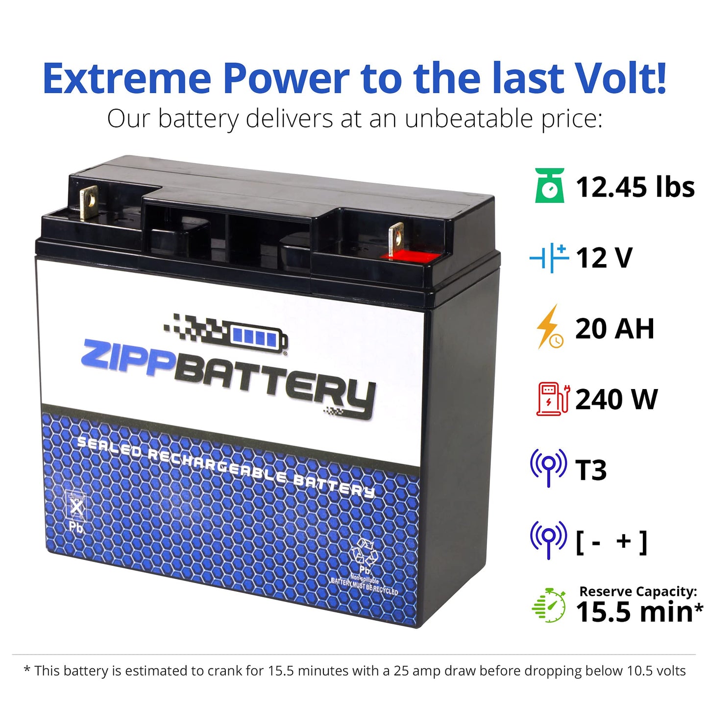 ZIPPBATTERY 12V 20Ah SLA Battery - T3 Nut & Bolt Terminal Power for Alarms, Scooters, Emergency Lights, Toys, Solar Units & Backup Systems - Deep…