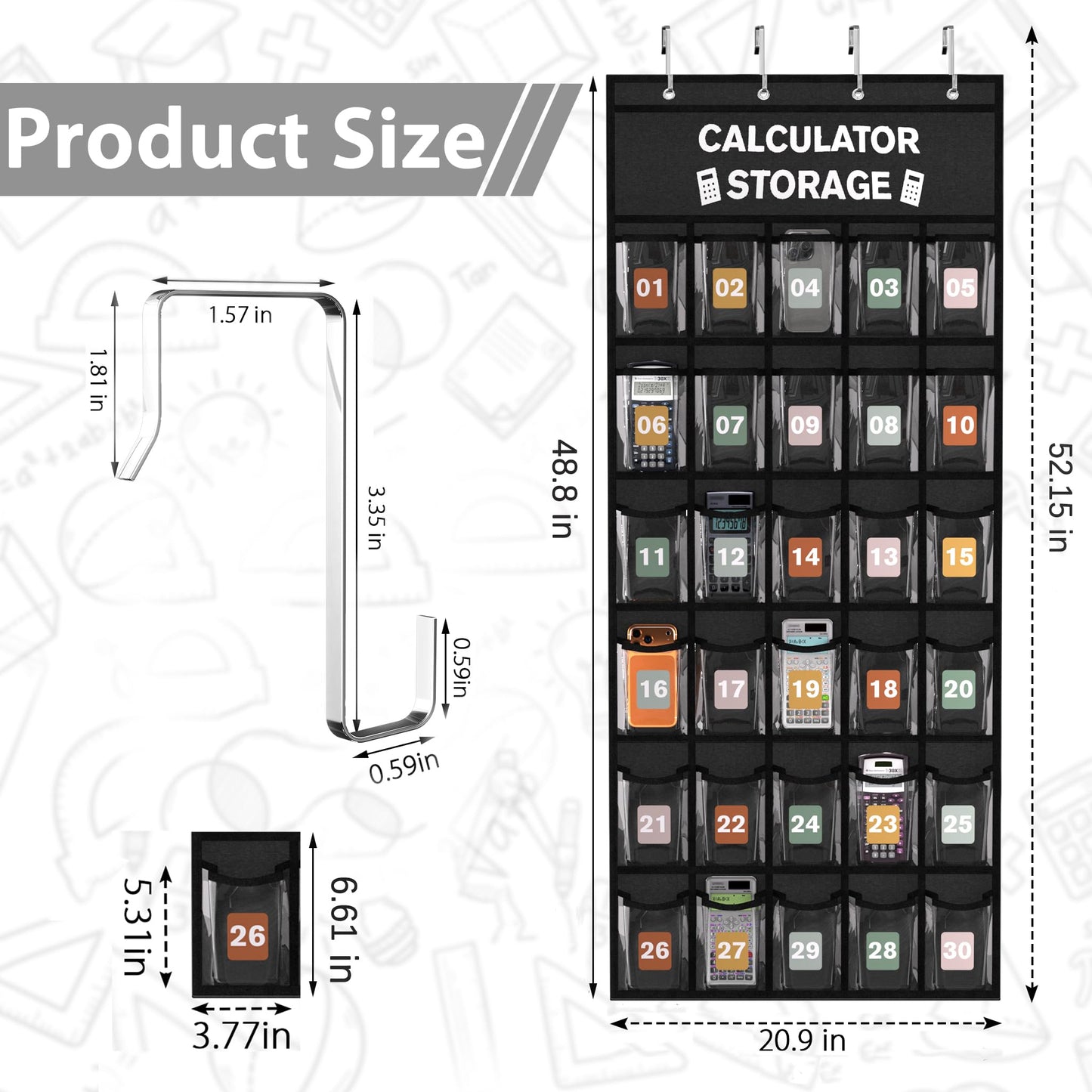 30-Pocket Calculator Holder for Classroom, Hanging Calculator Pocket Chart with Clear PVC Pockets & Numbered Stickers, Calculator Storage Organizer