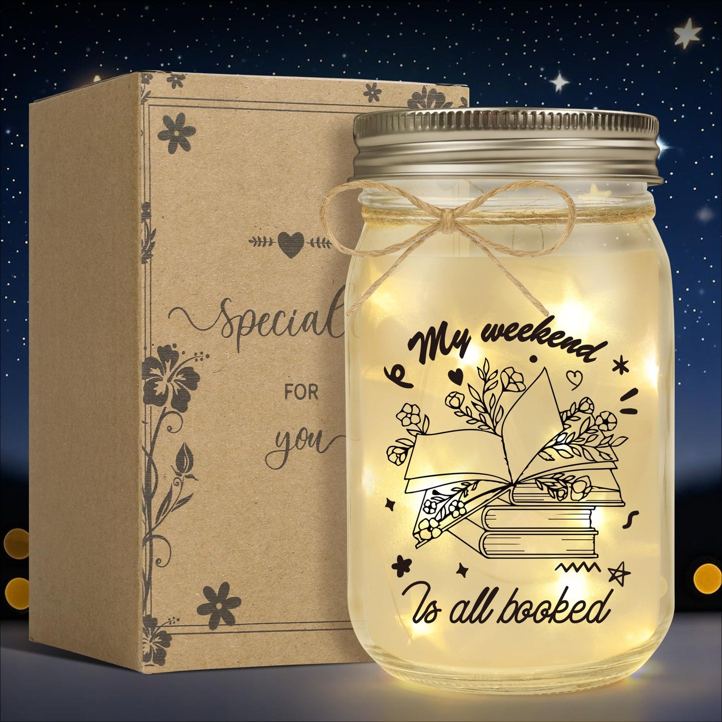 GiftGlow Book Lovers Gifts - Mason Jar Light Bookish Gift for Women, Readers, Bookworms, Librarians, Book Club, Book Themed Gifts, Cozy Reading Nook